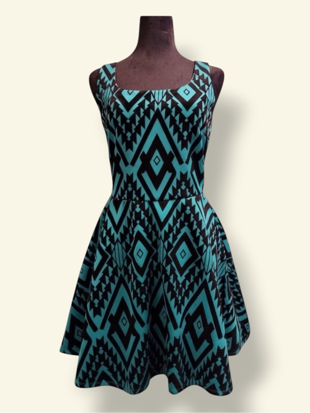 Trixxi Dress Blue Black Mini Skater Geometric Velvet Bow Southwestern Boho M NWT